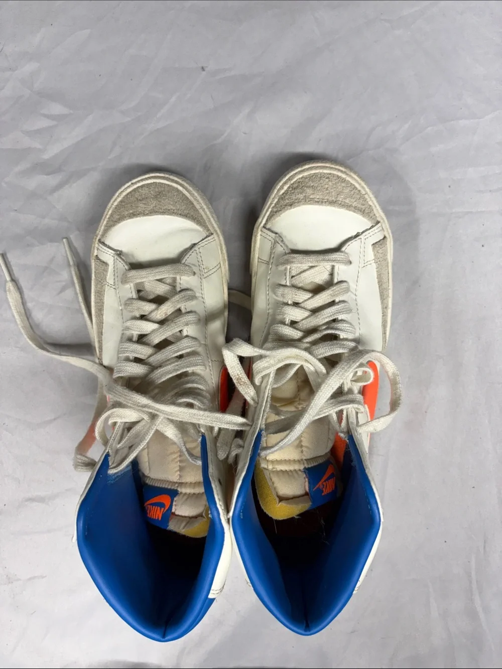Nike White High-Top Sneakers with Orange Swoosh and Blue Collar - Picture 2 of 3
